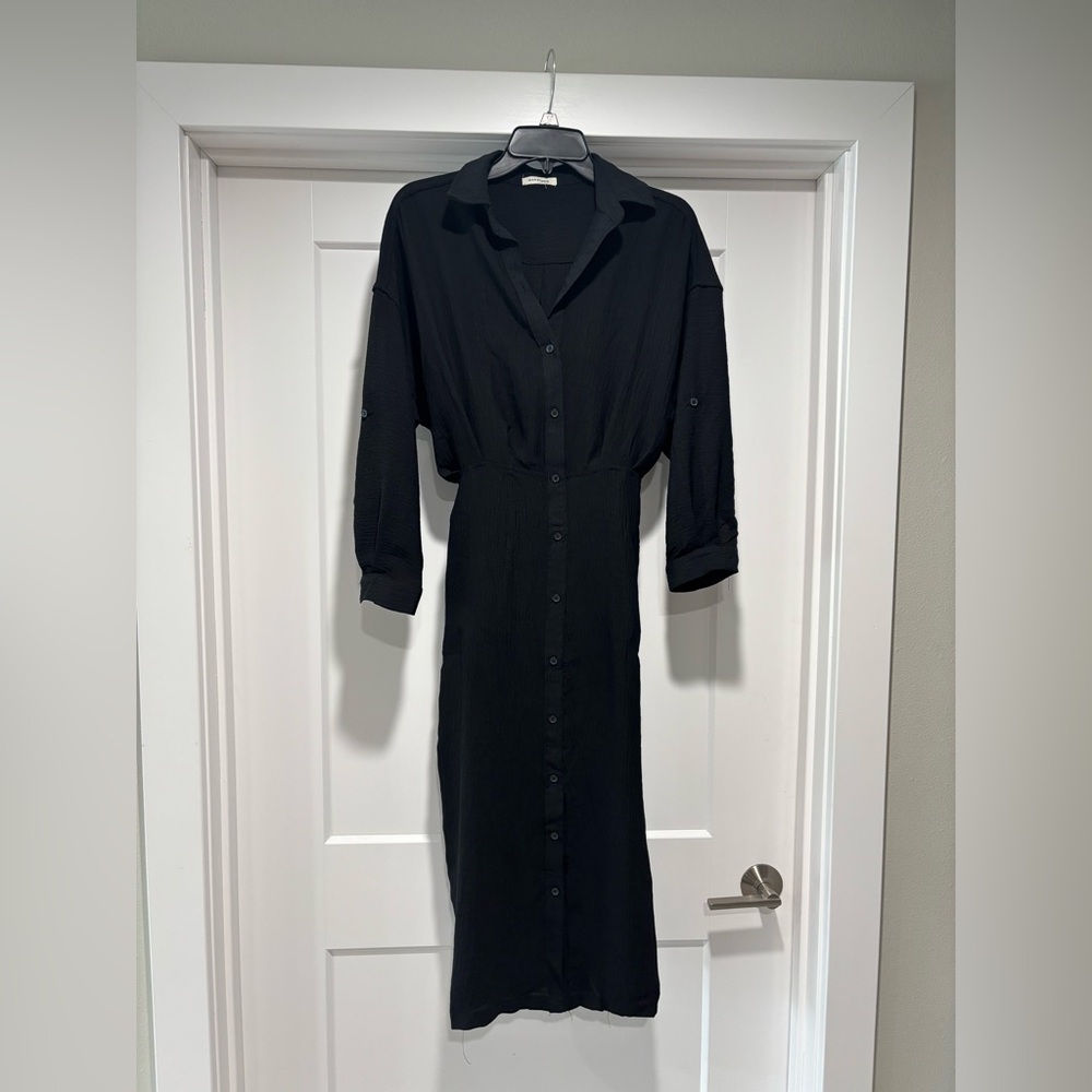 Max Studio Black Sheath Dress with Notched Collar and Cuffed 3/4 Sleeves